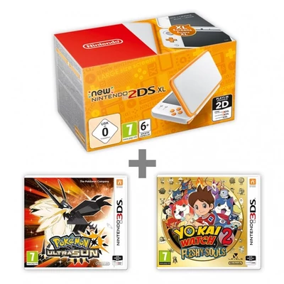 New Nintendo 2DS XL (White/Orange) + Pokémon Ultra Sun + YO-KAI Watch 2 Fleshy Souls
