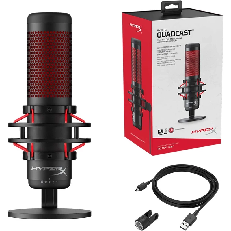 HyperX QuadCast mikrofon - Fekete/Piros (HX-MICQC-BK)