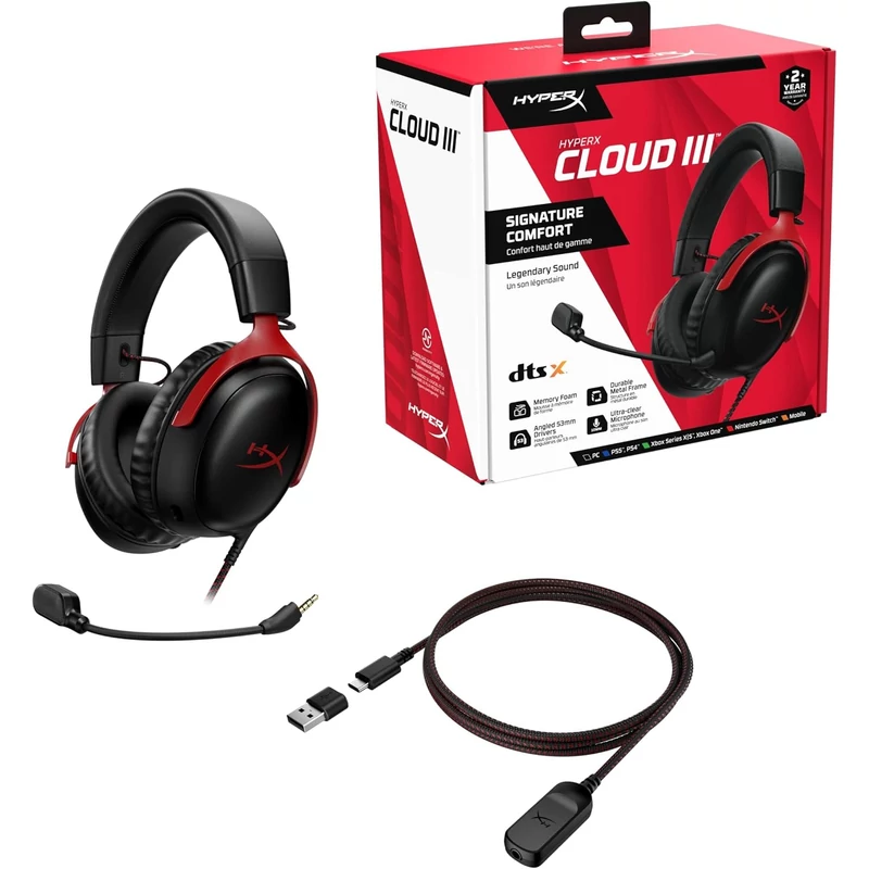 HyperX Cloud III vezetékes gaming headset - Fekete/Piros (727A9AA)