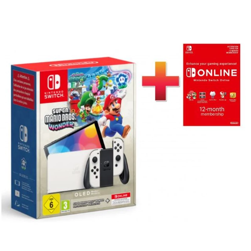 Nintendo Switch OLED Modell + Super Mario Bros Wonder  játék + 12 hónap Nintendo Online előfizetés (Fehér)