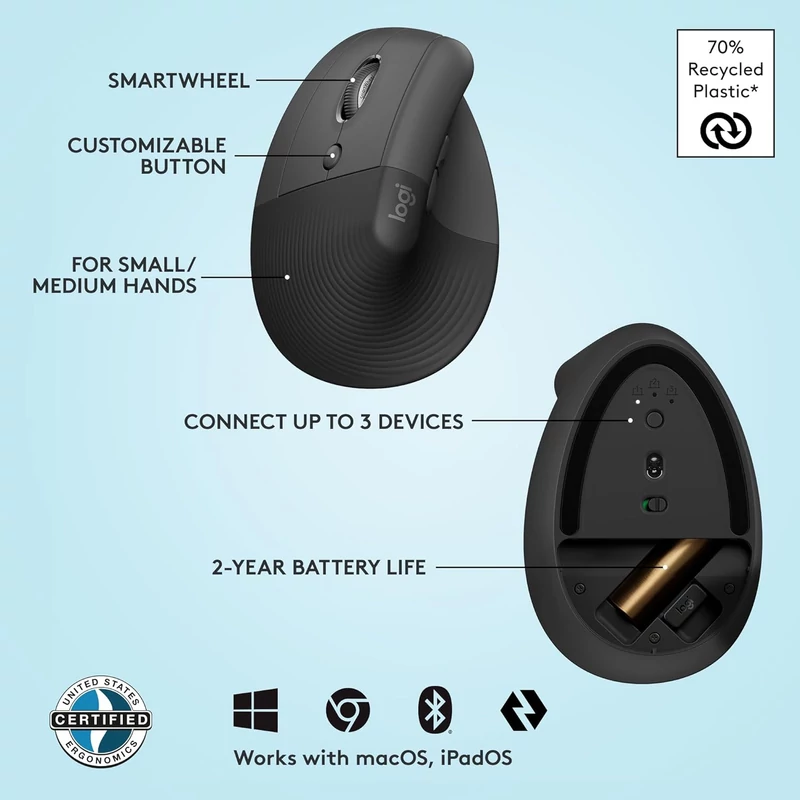 Logitech Lift Left Vertical Ergonomic balkezes egér - Grafit (910-006474)