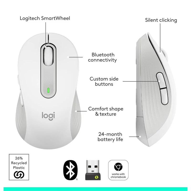 Logitech M650 Signature jobbkezes vezeték nélküli egér - Fehér (910-006255)