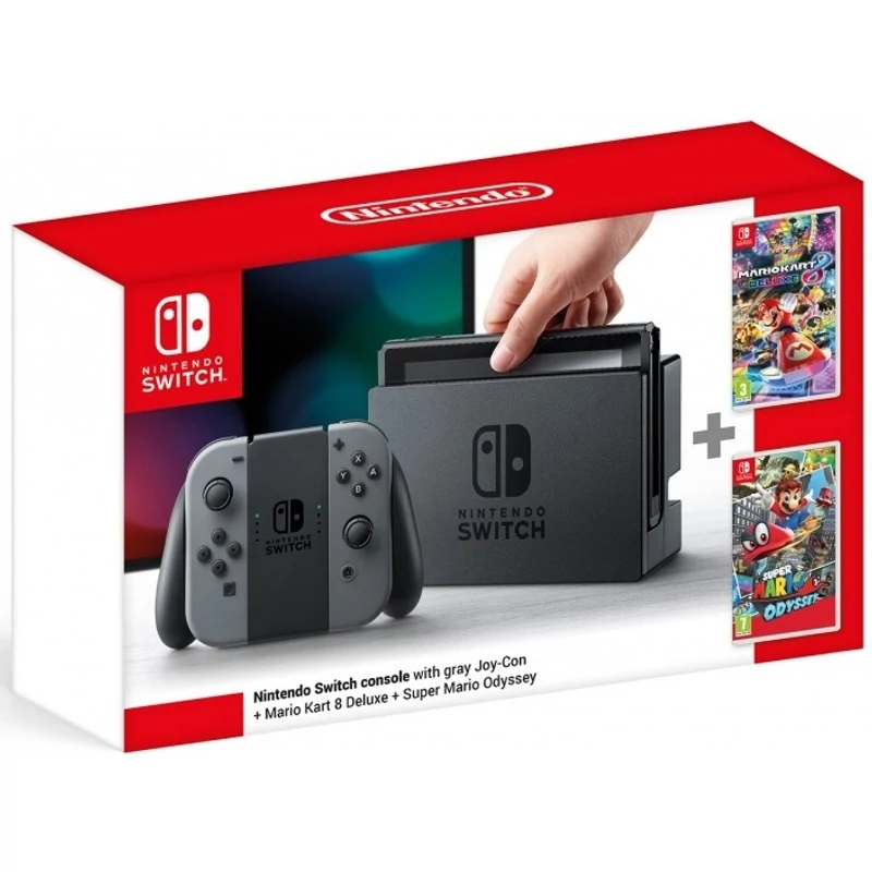 Nintendo Switch (Szürke) + Super Mario Odyssey + Mario Kart 8 Deluxe játék
