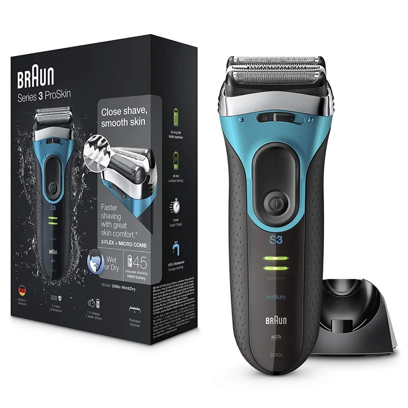 Braun Series 3 3080S ProSkin Wet & Dry borotva + töltőállvány - Fekete/Kék