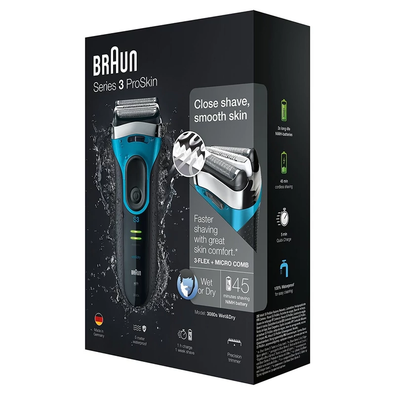Braun Series 3 3080S ProSkin Wet & Dry borotva + töltőállvány - Fekete/Kék