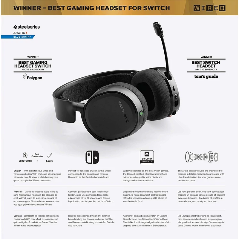 SteelSeries Arctis 3 Bluetooth (2019 Edition) 7.1 Gaming Headset  - Fekete (61509)