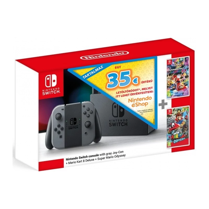 Nintendo Switch (Szürke) + Super Mario Odyssey + Mario Kart 8 Deluxe játék