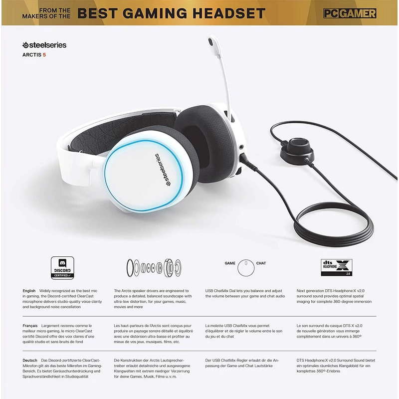 SteelSeries Arctis 5 2019 Edition 7.1 Gaming Headset - Fehér (61507)