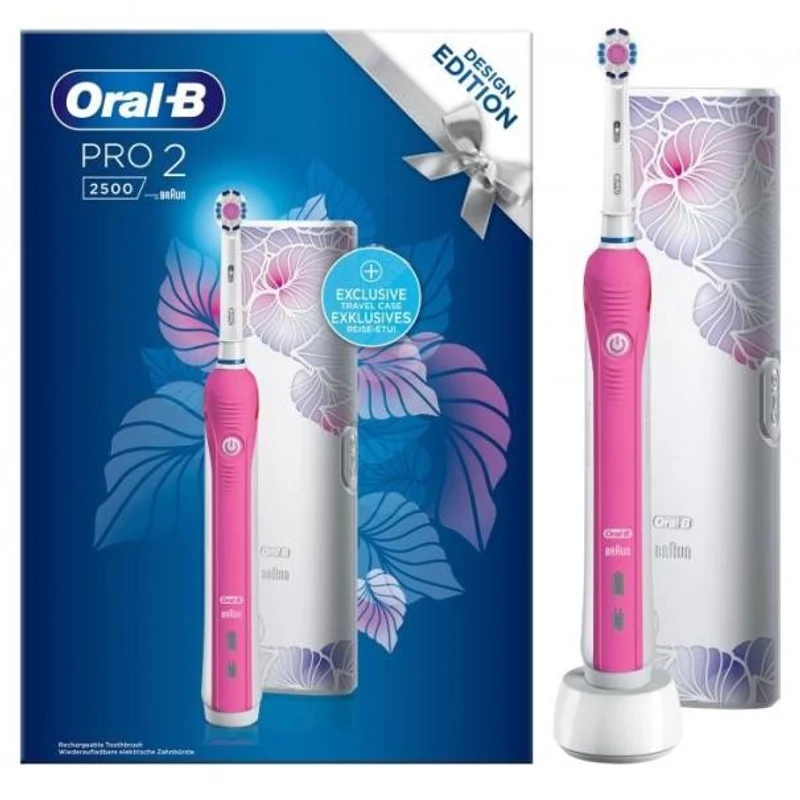 Oral-B PRO 2 2500 Design Edition elektromos fogkefe + Utazótok - Rózsaszín/Fehér